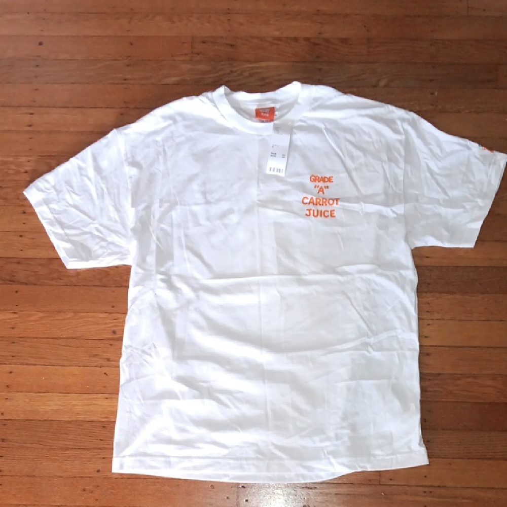 Urban Outfitters White Short-Sleeve Tee with Orange "Carrot Juice" Chest Graphic
